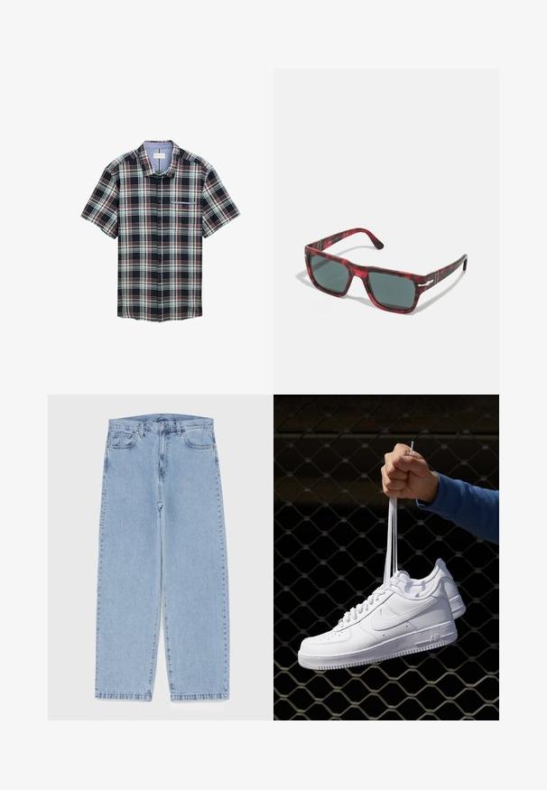 Camicia a maniche corte a quadri in navy, rosso e verde. Presenta chiusura con bottoni, tasca sul petto e motivo a quadri con colletto a contrasto.; Top in cotone bianco con scollo tondo e spalline larghe, abbinato a pantaloni beige chiaro con bottone e pieghe.; Jeans in denim azzurro chiaro con design a gamba dritta, caratterizzati da una vita media, cinque tasche e chiusura con bottone e zip.; Sneakers in pelle bianca con perforazioni, punta rotonda, suola piatta e lacci spessi, con logo swoosh visibile e "AIR" sul tallone.; Occhiali da sole rossi tartaruga con montatura quadrata e lenti verde scuro. Presentano dettagli in metallo argentato ai lati. Finitura testurizzata.