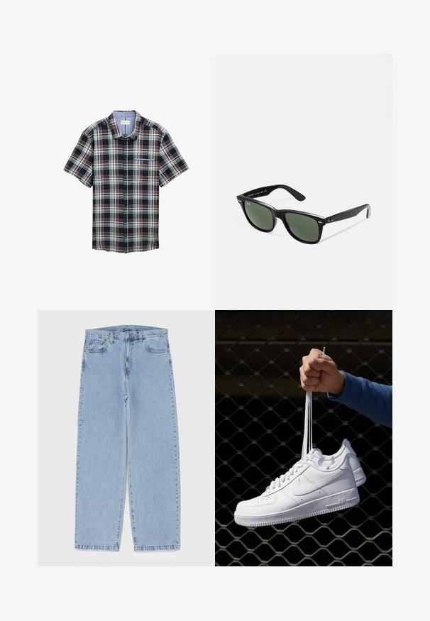 Koszula w kratę z krótkim rękawem w kolorach granatowym, czerwonym i zielonym. Posiada zapięcie na guziki, kieszeń na piersi oraz wzór w kratę z kontrastowym kołnierzykiem.; Biały bawełniany top na ramiączkach z okrągłym dekoltem, szerokimi ramiączkami i prostym dołem, charakteryzujący się gładką teksturą i brakiem widocznych wzorów.; Jasnoniebieskie dżinsy o prostym kroju nogawki, z średnim stanem, pięcioma kieszeniami oraz zapięciem na guzik i zamek błyskawiczny.; Białe skórzane sneakersy z perforacjami, okrągłym noskiem, płaską podeszwą i grubymi sznurówkami, z widocznym logo swoosh i napisem „AIR” na pięcie.; Czarne plastikowe okulary przeciwsłoneczne z zielonymi szkłami, kwadratowe oprawki, srebrny akcent na brwi oraz fakturowane ramiona temple. Nazwa marki podana na wewnętrznej stronie ramion.