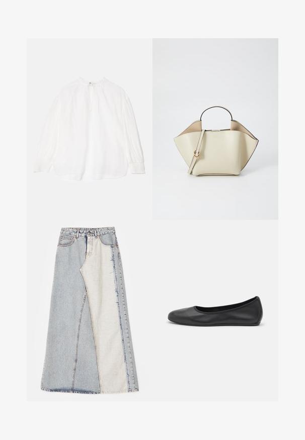 Bluză albă cu mâneci lungi, evazate, cu decolteu legat și o croială lejeră. Prezintă un material ușor texturat și manșete elastice.; Fustă din denim cu un design patchwork, având secțiuni de albastru deschis și mediu, margini desfăcute și talie înaltă. Stil clasic cu cinci buzunare.; Balerini din piele neagră, cu vârf rotund, textură netedă, detalii de cusătură minimale și un design al tălpii flexibil.; Ree Projects ANN - Geantă de mână - beige
