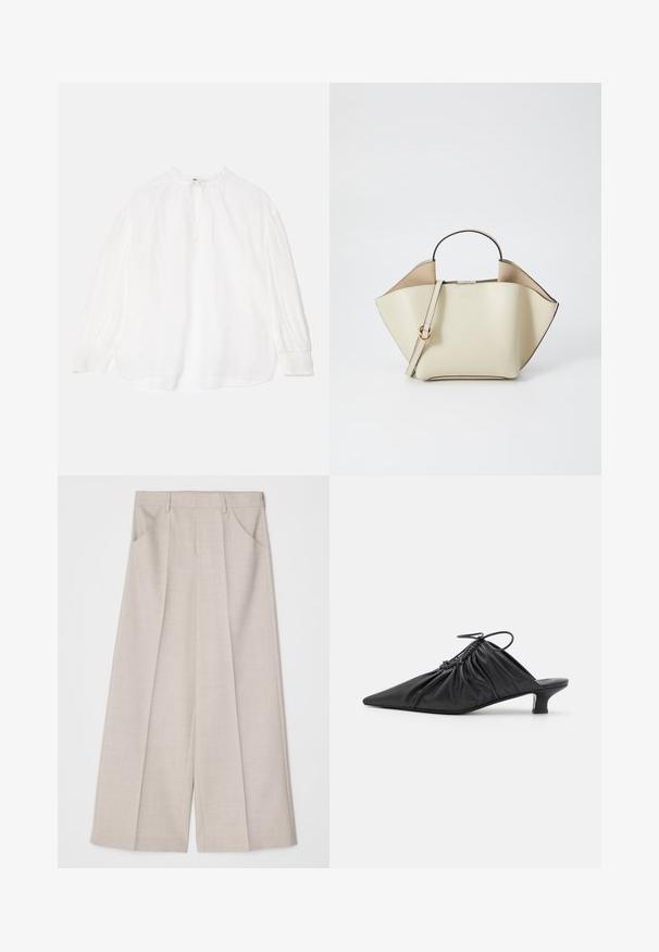 Balta blūze ar garām, savilktām piedurknēm, sasietu apkakli un brīvu piegriezumu. Izgatavota no nedaudz teksturēta auduma, tai ir elastīgas aproces.; Bēšas platas kāju bikses ar teksturētu audumu, krokām priekšpusē un divām sānu kabatām. Iezīmē platu jostu un brīvu piegriezumu.; Melnas ādas slīdējošās muļas ar piltuves formu, sakopotu tekstūru un mazu kaķu papēdi. Iezīme ir aukliņas detaļa pie atvēruma.; Ree Projects ANN - Rokassoma - beige