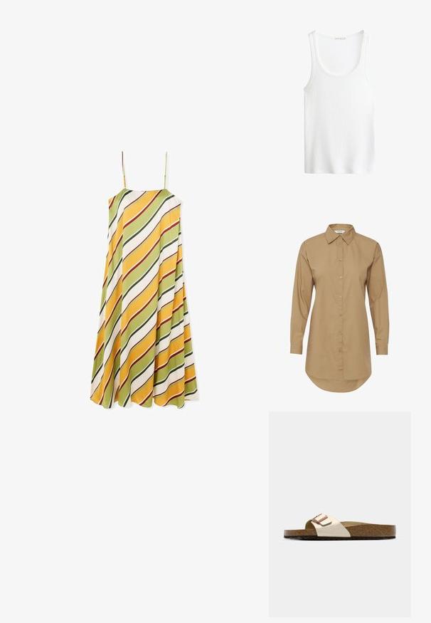 Camicia marrone a maniche lunghe con colletto a punta, chiusura con bottoni e orlo curvo. Realizzata in tessuto liscio, presenta delicati dettagli con bottoni.; Top tank bianco a costine con scollatura a barco e spalline larghe. Tessuto morbido e orli cuciti. Design semplice e aderente.; Un vestito senza maniche con una forma fluida, caratterizzato da righe diagonali verdi, gialle e bianche con accenti rossi, realizzato in un tessuto morbido.; Ciabatte con tomaia metallica leggera, soletta in sughero e suola in gomma marrone texturizzata. Dettaglio con fibbia e accentuata con logo.; Borsa tote in tela con design a strisce verdi e bianche, caratterizzata da grafiche postali rosse. Include una tracolla staccabile con perline e doppi manici.