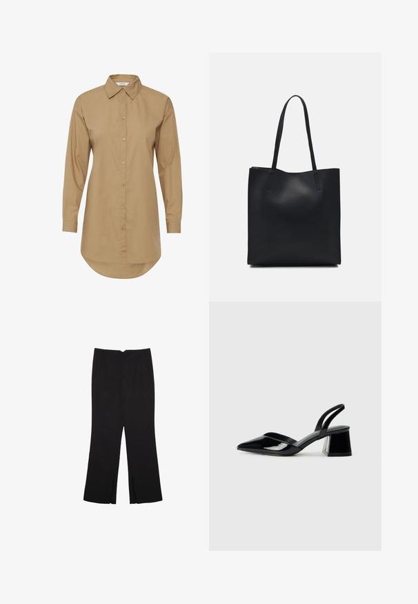 Brown long-sleeve shirt with a pointed collar, button front, and curved hem. Made of smooth fabric, features subtle button accents.; Black trousers with a straight fit, featuring front pockets and side slits at the hem. Made of soft, smooth fabric. Suitable for various occasions.; Black patent leather slingback heels with a pointed toe and a geometric block heel. Features a sleek, minimal design and smooth texture.; Black leather tote bag with smooth texture, rectangular shape, and two long handles. No visible hardware or embellishments.