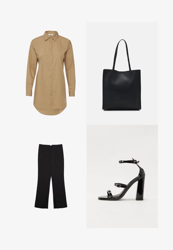 Braunes Langarmhemd mit spitzem Kragen, Knopfverschluss und abgerundetem Saum. Aus glattem Stoff gefertigt, mit dezenten Knopfakzenten.; Schwarze Hose mit geradem Schnitt, ausgestattet mit Fronttaschen und Seitenschlitzen am Saum. Hergestellt aus weichem, glattem Stoff. Geeignet für verschiedene Anlässe.; Schwarze patentierte Sandalen mit Absatz, quadratischer Spitze, Knöchelriemen und silbernen Schnallen. Mit einem stabilen Blockabsatz für mehr Stabilität.; Schwarze Laptoptasche aus Leder mit glatter Textur, rechteckiger Form und zwei langen Griffen. Keine sichtbaren Beschläge oder Verzierungen.