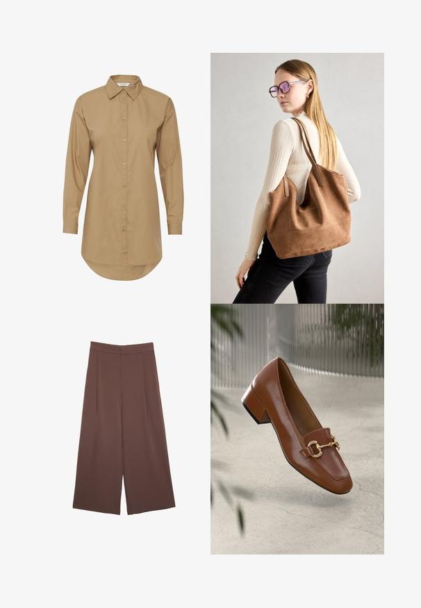 Rjava srajca z dolgimi rokavi, z vztrajno ovratnikom, sprednjim gumbom in ukrivljenim robom. Narejena iz gladkega blaga, vsebuje subtilne poudarke gumbov.; Rjave široke hlače z gladko teksturo, ki imajo visok pas in sprednje naborke. Tkanina je lahka in prosto pada.; Rjavi lakirani loafer z kvadratnim nosom, kovinsko verigo kot okrasom in nizko blok podplatom; gladka tekstura, minimalističen dizajn.; Rjava semišna torba z mehko teksturo, velikim odprtjem in dolgimi ročaji. Ima preprost dizajn z vidnim šivanjem in brez okovja.