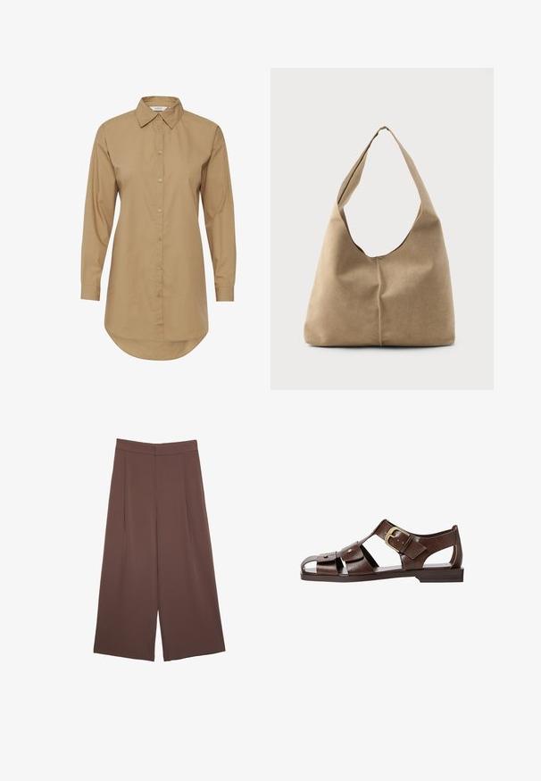 Rjava srajca z dolgimi rokavi, z vztrajno ovratnikom, sprednjim gumbom in ukrivljenim robom. Narejena iz gladkega blaga, vsebuje subtilne poudarke gumbov.; Rjave široke hlače z gladko teksturo, ki imajo visok pas in sprednje naborke. Tkanina je lahka in prosto pada.; Rjave usnjene sandale z izrezljanim dizajnom, nastavljivim stranskim sponko in ravnim podplatom, dekorirane z kovinskimi detajli in odprtim prstom.; Hobo torba iz mehkega bež nubuka z ohlapno obliko, širokim ramenskim trakom in ročno šivanim šivom po sprednji strani.