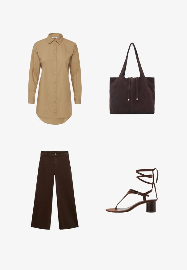 Hnědá košile s dlouhými rukávy a špičatým límcem, zapínání na knoflíky a zakřivený lem. Vyrobena z hladké látky, obsahuje jemné akcenty knoflíků.; Hnědé kalhoty širokého střihu z bavlněné směsi, s třepicí na lemu, předním zapínáním na knoflík a klasickým designem pěti kapes. Minimalistické a univerzální.; Hnědé semišové sandály na vysokém podpatku s trojúhelníkovým prstovým páskem, zavazováním kolem kotníku a texturovaným blokovým podpatkem pro stabilitu.; Mango Velká kabelka - dark brown