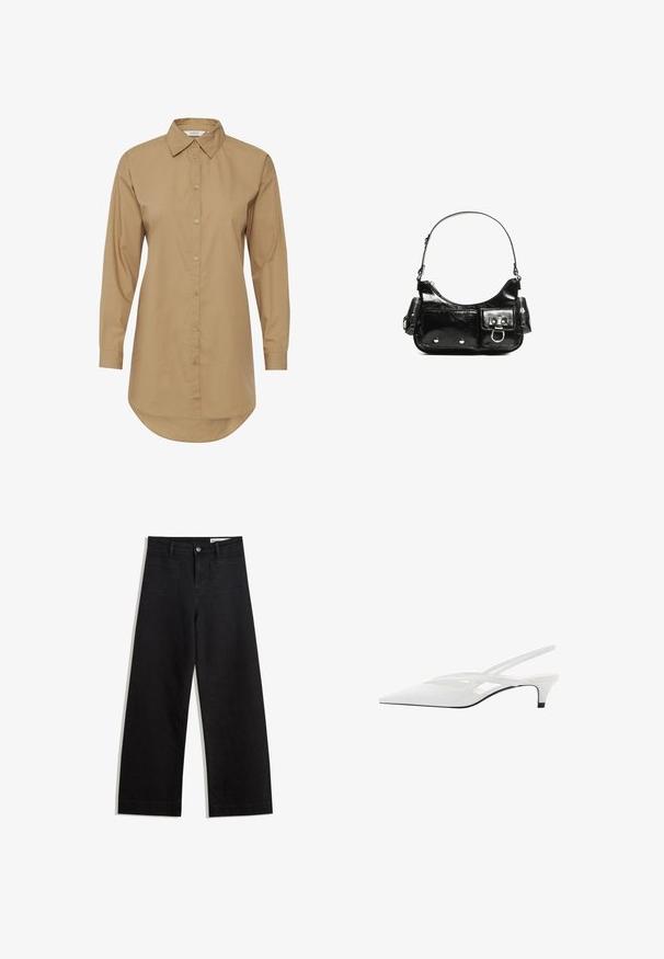 Bruine lange mouwen shirt met een spitse kraag, knoopsluiting aan de voorkant en een lichtgebogen zoom. Gemaakt van gladde stof, met subtiele knoopaccenten.; Zwarte denim broek met wijde pijpen en een hoge taille, voorzien van voor- en achterzakken, gestikte naden en een knoopsluiting. Gladde textuur.; Witte slingback hak met spitse neus, voorzien van een gladde bovenkant, subtiele uitsparingen en een lage blokhak. Zwarte zool accentueert het ontwerp.; Zwarte laarzen in lakleer met een gebogen vorm, één schouderband, voorvakken en accenten in zilverkleurig metaal.
