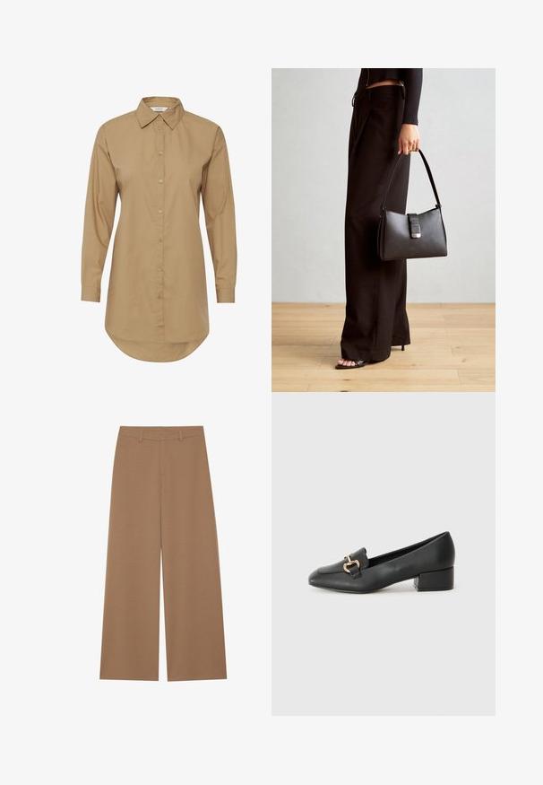 Chemise brune à manches longues avec un col pointu, devant boutonné et ourlet arrondi. Fabriquée en tissu lisse, elle présente de subtils accents de boutons.; Pantalons à jambes larges de couleur marron uni, fabriqués à partir d'un tissu texturé ; dotés d'une taille haute et d'un design structuré avec passants de ceinture.; Mocassins en cuir noir avec un talon plat, présentant un détail décoratif en métal doré à l'avant et une texture lisse.; Sac à main noir à la forme structurée, texture lisse et fermoir métallique. Associé à un pantalon noir ample et des sandales ouvertes sur un sol en bois.