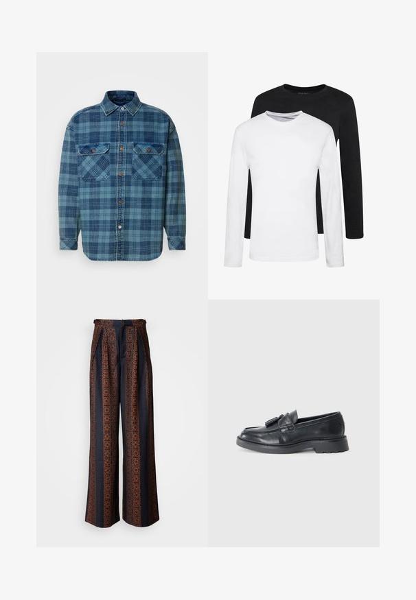 Zils flaneļa krekls ar rūtainu rakstu dažādās zilajās nokrāsās, ar pogām aizpogājamu priekšpusi, apkakli un divām krūšu kabatām.; Divas garām piedurknēm, viens melns un otrs balts, izgatavoti no kokvilnas ar apaļām kakla izgriezumiem un gludu tekstūru, izvietoti sakrautas kārtībā.; Plati kāju bikses tumši zilā audumā ar sarežģītu oranžu ģeometrisku rakstu, ar plecu priekšpusi un pieguļošu jostasvietu.; Melnas ādas loafers ar noapaļotu pirkstu, siksnu ar pompiņām un masīvu zoli ar protektora rakstu. Gluda tekstūra un klasiskā dizaina.