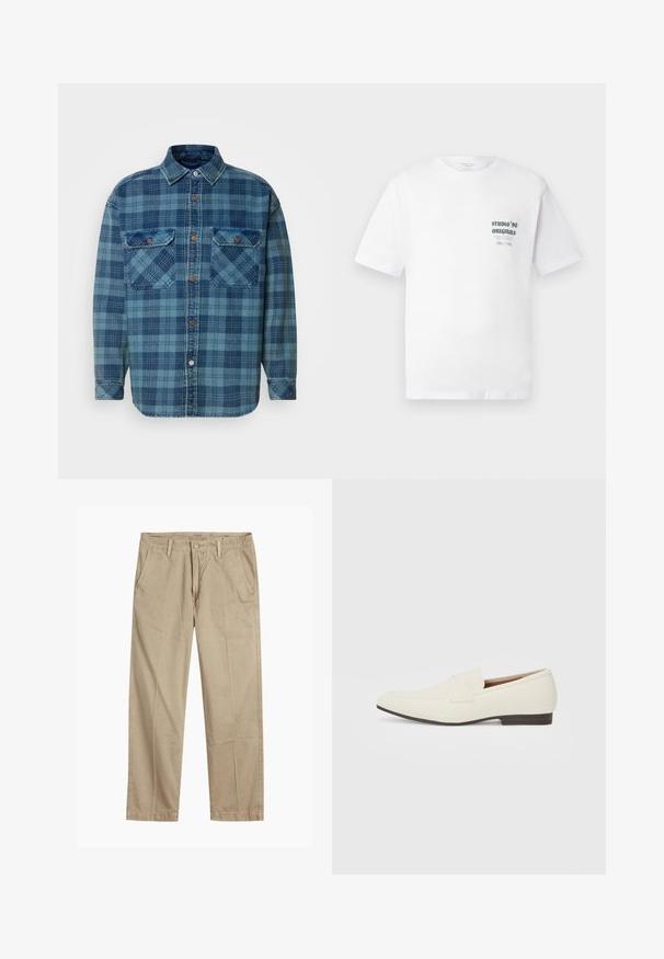 Sininen flanellipaita ruutukuviolla, jossa vaihtelevia sinisen sävyjä. Paidassa on nappilista edessä, kaulus ja kaksi rintataskua.; Valkoinen lyhythihainen T-paita, jossa on pieni musta teksti "Studio '90 Originals" ja lisäksipienempi teksti vasemmalla rinnalla.; Beige suorat lahkeet chinosit vyölenkkeillä, etupainike- ja vetskarikiinnitys sekä viistot etutaskut.; Vaaleanbeige loaferit, joissa on terävä kärki, sileä materiaali, nauha vampin yli ja matala ruskea pohja. Yksinkertainen muotoilu, jossa on minimaalista korostusta.