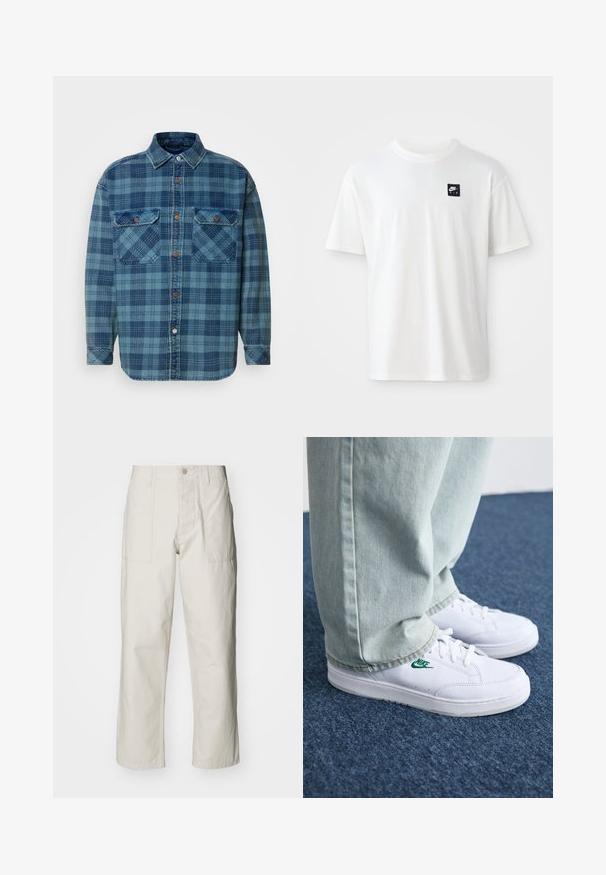 Blue flannel shirt with checked pattern in varying shades of blue, featuring a button-down front, collar, and two chest pockets.; White cotton t-shirt with short sleeves and a crew neck; features a small black rectangular Nike Air logo on the left chest.; Light beige wide-leg pants made of cotton. Features front pockets and a button closure. Smooth texture with subtle vertical lines.; White leather sneakers with green Nike logo, round toe, flat sole, paired with light blue denim pants, shown on a blue carpet.