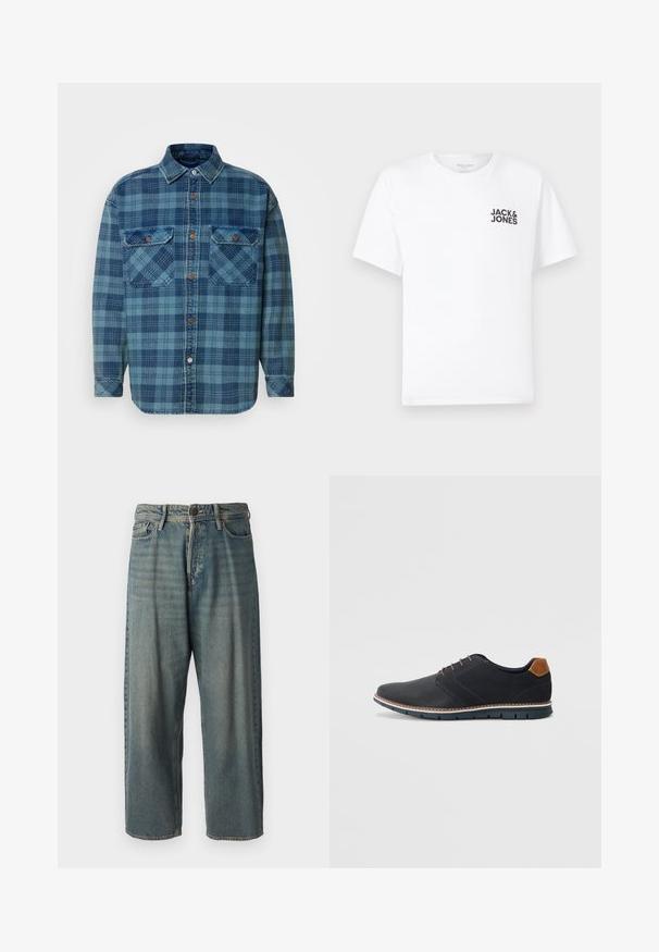 Modrá flanelová košile s kostkovaným vzorem v různých odstínech modré, s knoflíkovým zapínáním, límcem a dvěma náprsními kapsami.; Bílý bavlněný tričko, krátké rukávy, kulatý výstřih. Obsahuje černý textový logo "JACK & JONES" na levé straně hrudníku. Jednoduchý, hladký design.; Světle modré denimové džíny s volným střihem, středně vysokým pasem a rovnými nohavicemi. Obsahují pět kapes, poutka na opasek a zapínání na knoflík.; Černé syntetické boty s texturovaným svrškem, hladkými detaily, hnědým podpatkem a kontrastní podrážkou. Obsahují minimální šněrování a švy.