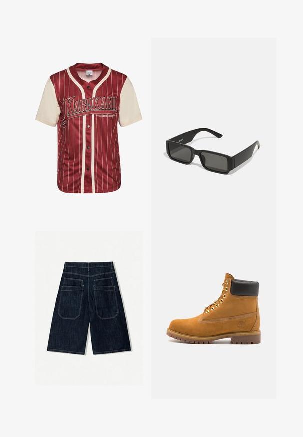 Rood en crèmekleurig truitje met verticale strepen, voorzien van een knoopsluiting aan de voorkant en een logo op de borst. Gemaakt van soepel stof met een zachte textuur.; Donkerblauwe spijkerbroekshorts met een losse pasvorm, voorzien van twee achterzakken, contrasterende stiksels en een recht ontwerp.; Tan suède enkelboot met zwart gevoerd kraagje, gouden metalen oogjes, witte stikdetails en een robuuste rubberen zool met uitgesproken profiel.; Zwarte zonnebril met rechthoekige lenzen, matte plastic montuur en rechte randen. Bevat het merkteken op de binnenarm.