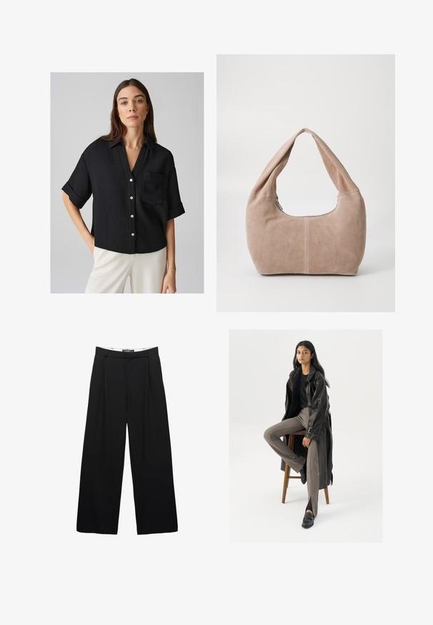 Camicia nera a maniche corte in tessuto a coste, con chiusura a bottoni e taschino applicato. La camicia ha un taglio comodo e maniche arrotolate.; Pantaloni neri a gamba larga realizzati in tessuto liscio. Presentano pieghe frontali, una vita con passanti per la cintura e una silhouette sartoriale.; Cappotto lungo in pelle nera con dettagli di bottoni e cintura, abbinato a pantaloni aderenti marrone chiaro e mocassini neri, seduto su uno sgabello di legno.; Borse hobo realizzata in morbido materiale scamosciato di colore beige chiaro. Caratterizzata da una forma arrotondata con una tracolla ampia e chiusura con zip.