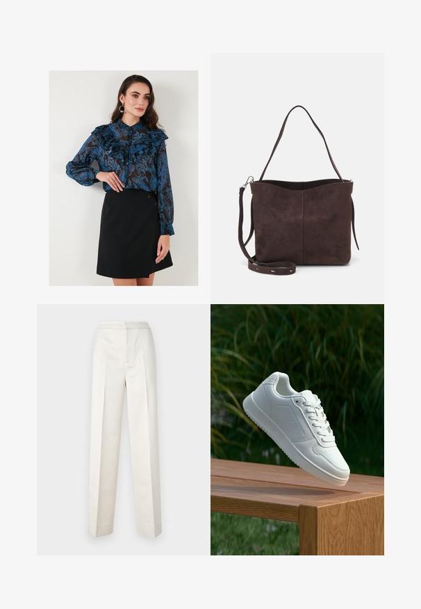Blusa azul con estampado, volantes y puños abotonados, combinada con una falda envolvente negra que presenta dos botones en un lado.; Dos tops de algodón en blanco y negro. Cada uno tiene un escote profundo y tirantes delgados, con una textura suave y lisa.; Pantalones color crema con un corte ajustado, que presentan una pierna recta, tejido suave, pliegues frontales y un dobladillo limpio. Diseño minimalista.; Zapatilla blanca con un upper sintético suave, caja de dedos perforada, cordones planos y una suela texturizada, exhibida sobre una superficie de madera.; Bolso tote de ante marrón con una textura suave, que presenta una sola correa para el hombro y una sutil apertura curva en la parte superior. Sin detalles de herrajes visibles.