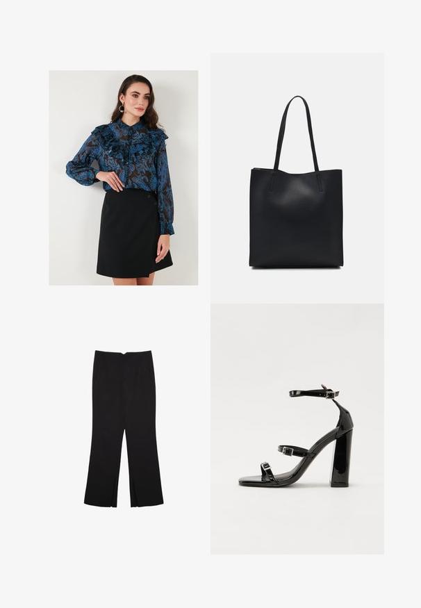 Blusa blu con motivo a fantasia e volant, abbinata a una gonna avvolgente nera con due bottoni su un lato.; Pantaloni neri a gamba dritta, con tasche frontali e spacchi laterali all'orlo. Realizzati in tessuto morbido e liscio. Adatti a diverse occasioni.; Sandali con tacco in vernice nera, con punta squadrata, cinturini alla caviglia e fibbie in argento. Presentano un tacco a blocco spesso per maggiore stabilità.; Borsa tote in pelle nera con texture liscia, forma rettangolare e due manici lunghi. Nessun hardware o decorazione visibile.