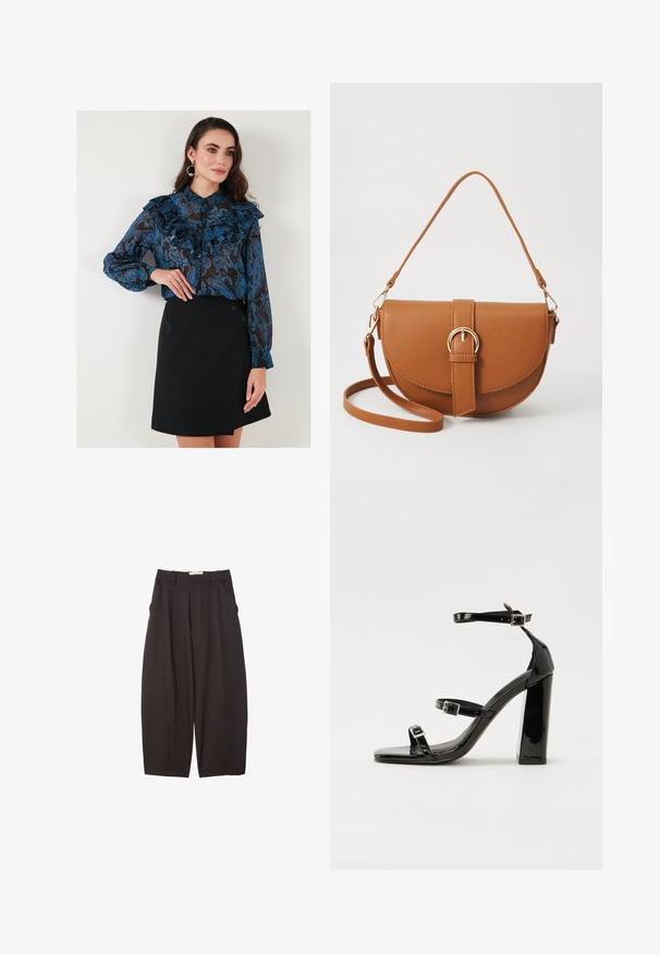 Blåblomstret blouse med flæser og knapmanchetter, parret med en sort omslagsnederdel med to knapper på siden.; Sorte brede bukser lavet af et glat stof, med høj talje, forfaldne folder og sidelommer. Simpelt design uden udsmykninger.; Sorte patenterede hælsandaler med firkantet tå, ankelremme og sølvspænder. Har en chunky blokHæl for stabilitet.; Brun læder crossbody taske med en buet form, guldfarvet hardware og en spændeaccent. Har en aftagelig skulderrem.
