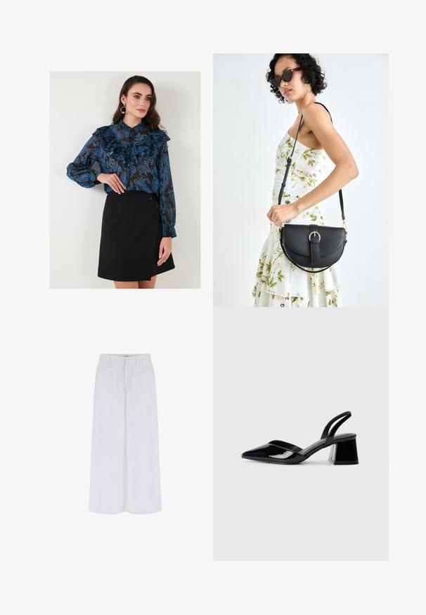 Bluză albastră cu model, cu volane și manșete cu nasturi, asociată cu o fustă neagră înfășurată, având două nasturi pe lateral.; Pantaloni albi cu pantaloni largi, cu o textură netedă, având două buzunare frontale și închidere cu nasture, concepuți pentru o potrivire lejeră.; Pantofi cu toc slingback din piele lacuită neagră, cu vârf ascuțit și toc geometric. Prezintă un design elegant, minimalist și o textură netedă.; Geantă din piele neagră, cu o formă curbată, curea detașabilă și accesorii aurii. Geanta are un capac cu un detaliu tip cataramă.