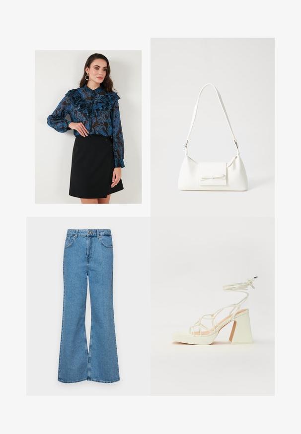 Plava bluzica s uzorkom, volanima i dugmadi na rukavima, u kombinaciji s crnom omotnicom koja ima dva dugmeta sa strane.; Svijetloplave traperice s flared nogavicama, visokog struka, s pet džepova i jednim dugmetom za zatvaranje. Mekani materijal s izblijedjelim izgledom.; Bijela sandala na visokoj potpetici s debelim petom, s remenom i vezanjem oko gležnja. Glatka tekstura s platformom sprijeda za dodatnu visinu.; Bijela sintetička torbica s trokutastim oblikom, ravnim prednjim poklopcem i detaljem u obliku mašne, podesivom remenom, glatkom teksturom i minimalističkim dizajnom.