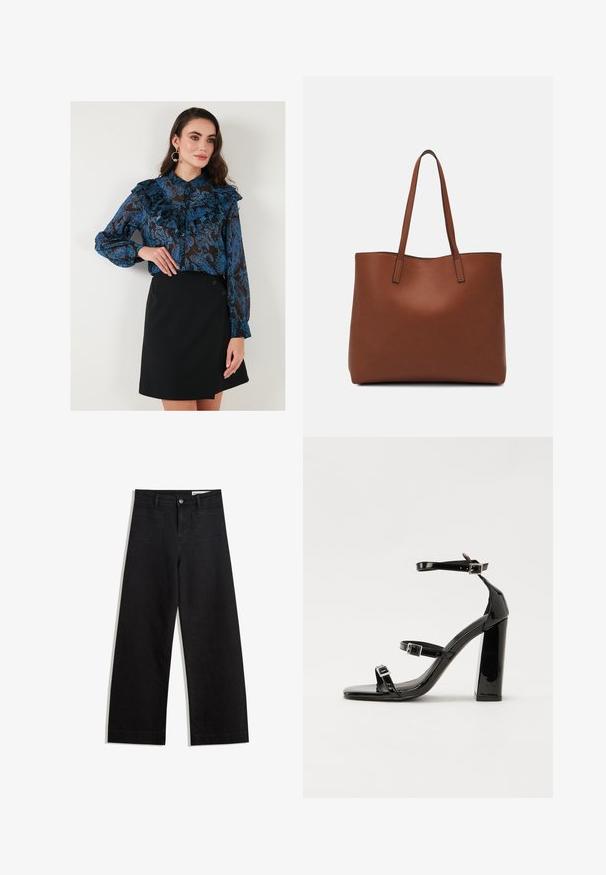 Blauw gestreepte blouse met ruffles en knoopmanchetten, gecombineerd met een zwarte wikkelrok met twee knopen aan de zijkant.; Zwarte denim broek met wijde pijpen en een hoge taille, voorzien van voor- en achterzakken, gestikte naden en een knoopsluiting. Gladde textuur.; Zwarte patent lederen sandalen met hoge hakken, twee gespenbanden, een vierkante neus en een stevige blokhak, met een gladde, glanzende textuur.; Bruine leren tote bag met een gladde textuur, een ontwerp met een open bovenkant en twee schouderbanden. Kenmerkt zich door minimale stiksels en geen zichtbare hardware.