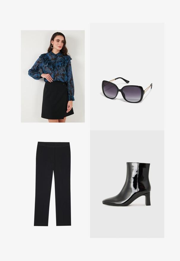 Blauw gestreepte blouse met ruffles en knoopmanchetten, gecombineerd met een zwarte wikkelrok met twee knopen aan de zijkant.; Zwarte broek met een recht gesneden ontwerp, voorzien van zijzakken en een gladde stoftextuur. Minimaal detail, schoon tailleband.; Zwarte gepolijste leren enkellaars met een spitse neus en een blokhak van gemiddelde hoogte. Glad textuur en minimalistisch ontwerp.; Zwarte oversized zonnebril met gradient glazen, dikke montuur en gouden kettingdetails op de pootjes.; Zwarte leren handtas met een gestructureerde driehoekige vorm, slanke schouderband en hardware in goudkleur met een logo plaatje op de voorflap.