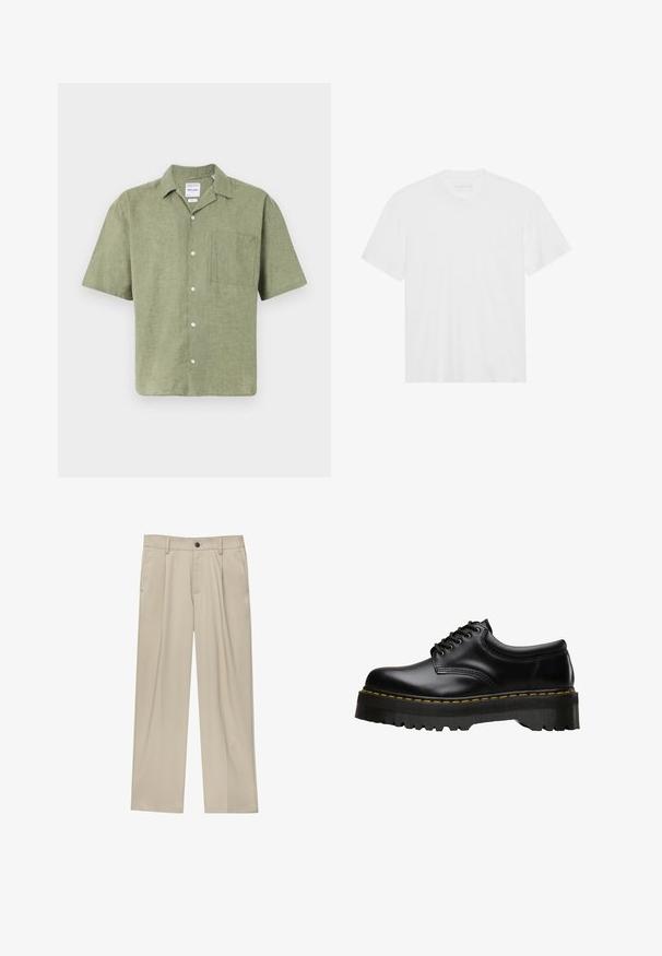 Korte mouwen olijfgroen linnen shirt met een kraag, sluiting met knopen aan de voorkant en een borstzak. Getextureerde stof met een natuurlijke afwerking.; Witte katoenen t-shirt met korte mouwen, ronde hals en rechte zoom. Gladde textuur, minimalistisch ontwerp zonder patrons of accenten.; Beige broek met een rechte snit, voorzien van een enkele zwarte knoop, riemlussen en zijzakken. Glad stoffen textuur en een minimalistisch ontwerp.; Zwarte leren veterschoen met een dikke, getande zwarte rubberen zool en gele stiksels langs de rand, met een gladde afwerking.