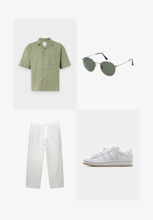 Kurzärmliges olivgrünes Leinenhemd mit Kragen, frontaler Knopfverschluss und einer Brusttasche. Strukturierter Stoff mit natürlichem Finish.; Weißes Baumwoll-T-Shirt mit kurzen Ärmeln, Rundhalsausschnitt und lässigem Schnitt. Glatte Textur ohne sichtbare Muster oder Akzente.; Weiße Leinenhose mit elastischem Bund und Kordelzug, weitem Bein-Design und sauberen Nähten. Glatte Textur mit lässiger Passform.; Weiße Sneaker mit durchbrochenem Drei-Streifen-Design, strukturierten Akzenten, einer Gummisohle und dem goldenen "CAMPUS"-Logo an der Seite.; Metallgestellte Sonnenbrille mit ovalen grünen Gläsern. Dünner silberner Metallrahmen und schwarze Ohrstücke. Minimalistisches Design, keine sichtbaren Logos.