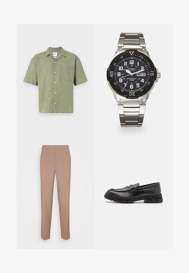Short-sleeve olive green linen shirt with a collar, front button closure, and a chest pocket. Textured fabric with a natural finish.; Three sleeveless t-shirts in gray, white, and black. Soft cotton material with a crew neck and relaxed fit. Simple design, no patterns.; Beige tailored trousers in a smooth, textured fabric. Straight fit with a waistband and no visible embellishments or pockets.; Black leather loafers with a smooth finish, featuring a front strap detail and a chunky rubber sole with grooved accents.; Metal quartz watch with a black face, white numerals, and date display. Features a stainless steel band and a water resistance of 100m.