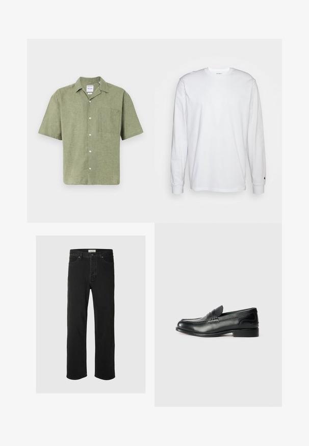 Cămașă din in de culoare verde măslinie, cu mânecă scurtă, guler, închidere cu nasturi la brâu și un buzunar pe piept. Material texturat cu un finisaj natural.; Tricou alb cu mâneci lungi, din bumbac. Design cu guler rotund, cu manșete ribbate și un logo mic pe mâneca stângă. Textură netedă.; Jeans negre din denim cu croi drept, care prezintă un design clasic cu cinci buzunare, închidere cu buton, cusături minime și o textură moale.; Mocasini negri din piele cu un finisaj neted, detalii cusute pe partea de sus și un toc ușor ridicat.
