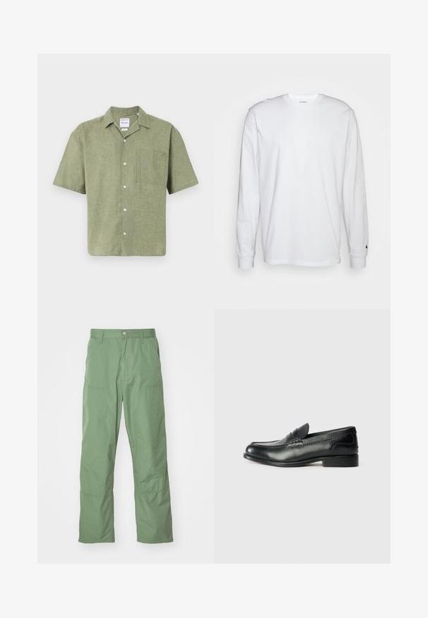 Kreklu ar īsām piedurknēm, olīvu zaļš, izgatavots no lina, ar apkakli, priekšējo pogu aizdari un krūšu kabatu. Strukturēts audums ar dabīgu apdari.; Balta garām piedurknēm T-kreklā, kas izgatavots no kokvilnas. Arapa kakla dizains ar ribotām aprocēm un mazu logotipu uz kreisās piedurknes. Gluda tekstūra.; Gaiši zaļi, brīvi pieguļoši bikses ar gludu tekstūru, ar sānu kabatām un redzamām šuvju detaļām. Pilna garuma ar taisnu kāju dizainu.; Melnas ādas loafers ar gludu apdari, izšūtiem detaļām pa vampu un nedaudz paceltu papēdi.