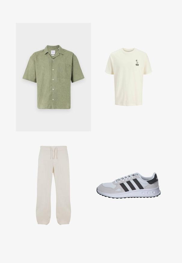 Camisa de lino verde oliva de manga corta con cuello, cierre de botones en la parte delantera y un bolsillo en el pecho. Tejido texturizado con un acabado natural.; Camiseta de algodón de color crema claro con mangas cortas, que presenta un pequeño gráfico negro de un personaje y el texto "BRAKE BROS" en el pecho.; Pantalones de lino color beige claro con cintura elástica y cordón. Diseño de pierna recta con una textura suave y ligero ajuste en los tobillos.; Zapatilla deportiva en gris y blanco con parte superior de malla, acentos de ante, tres rayas negras y una suela de goma texturizada con orificios redondeados.