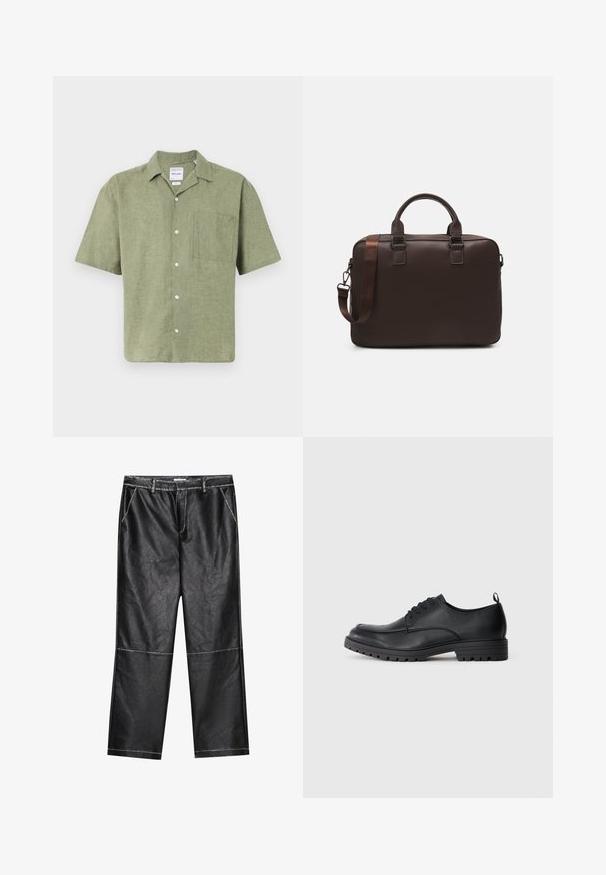 Kratek rokav, olivnozeleni laneni srajček s ovratnikom, sprednjim gumbom in žepom na prsih. Tekstura tkanine z naravnim koncem.; Črne hlače iz umetnega usnja, širokega kroja, z detajli šivanja in sprednjimi žepi, z gladko, rahlo odsevajočo teksturo.; Črne usnjene čevlje za obleko z gladko teksturo, zaobljenim nosom, vezalkami spredaj in trdnim gumijastim podplatom s profiliranim vzorcem.; Rjava usnjena torba za prenosni računalnik z teksturirano površino, dvema zgornjima ročajema, nastavljivim trakom in dvema sprednjima sponkama za dodatne podrobnosti.