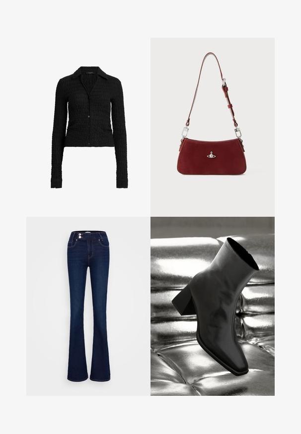 Schwarzes, langärmeliges Hemd mit Knöpfen und einem strukturierten Wellenmuster, ausgestattet mit einem Kragen und taillierter Passform. Hergestellt aus einem gerippten Material.; Dunkelblaue Schlagjeans mit hoher Taille, zwei Fronttaschen und zwei Knopfverschlüssen. Hergestellt aus Denim mit glatter Textur.; Schwarzer Knöchelstiefel aus glänzendem Material mit quadratischer Zehenform und verjüngtem Absatz, vor einem glänzenden silbernen gepolsterten Hintergrund.; Rote Wildleder Schultertasche mit einer curved Form. Verfügt über einen silberfarbenen Akzent und einen verstellbaren Trageriemen mit Hardware-Details. Glatte Textur.