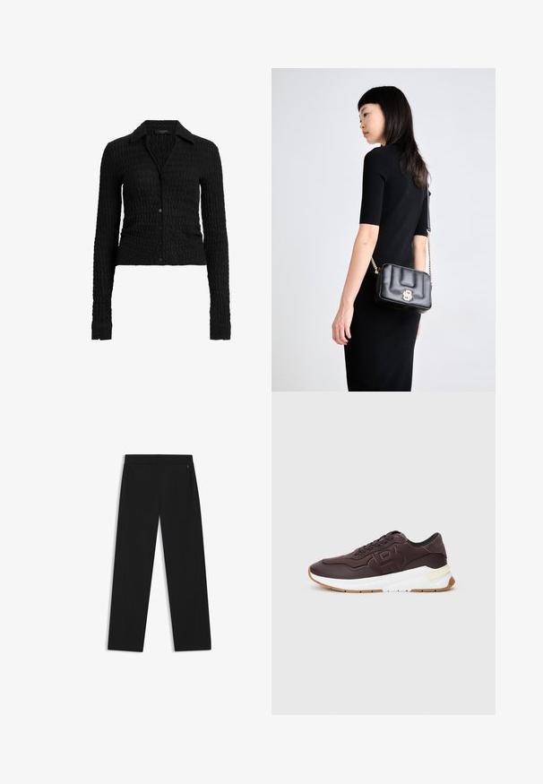 Zwarte, lange mouw blouse met een textuur van golven, voorzien van een kraag en een getailleerd ontwerp. Gemaakt van ribbelmateriaal.; Zwarte wijde broek van gladde stof, met zijzakken en een vlakke tailleband voor een gestroomlijnde uitstraling.; Donkerbruine sneaker met zwarte voering, verdiept logo op de zijkant, witte dikke zool en gumkleurige buitenzool op een effen achtergrond.; Zwarte leren schoudertas met een gouden sluiting, gequilt ontwerp en kettingband. Compacte rechthoekige vorm, minimalistische hardware accenten.