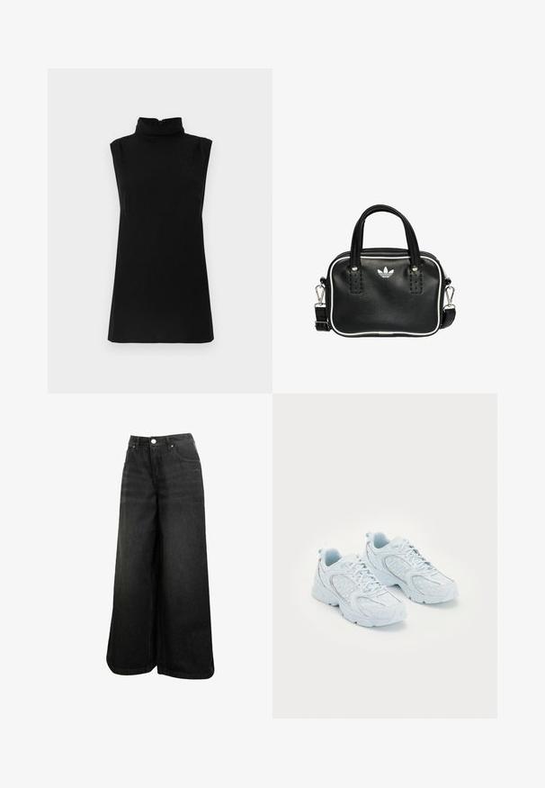 Czarny top bez rękawów z półgolfem i subtelnym fakturowanym wzorem, wykonany z miękkiego materiału, zapinany z tyłu na zamek.; Czarne dżinsy typu wide-leg z wysokim stanem, z przodu z guzikami, kieszeniami i subtelnym logo na przedniej kieszeni.; Jasnoniebieskie buty sportowe z siateczkową i syntetyczną cholewką, ozdobione białymi kropkami i odblaskowymi akcentami, z zapięciem na sznurowadła oraz amortyzującą podeszwą.; Czarna skórzana torebka z dwoma krótkimi uchwytami, srebrnymi akcentami, białymi detalami i białym logo. Posiada teksturowaną powierzchnię oraz kompaktowy design.