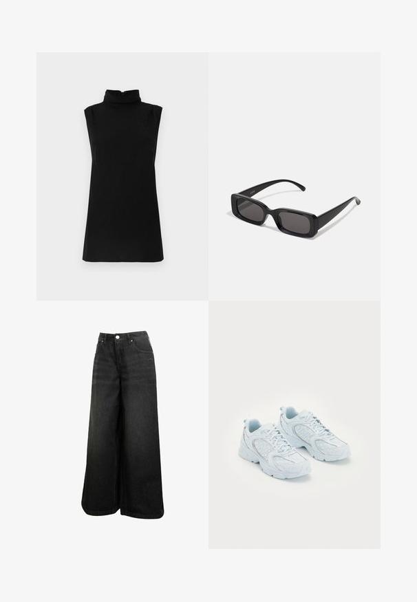 Melns bezpiedurkņu tops ar augstu apkakli un smalku faktūru rakstu, izgatavots no mīksta auduma ar aizmugurējām rāvējslēdzēja aizdari.; Melnas plašas džinsu bikses ar augstu jostasvietu, priekšējo pogu, kabatām un smalku logotipu uz priekšējās kabatas.; Gaiši zili sporta apavi ar tīkla un sintētisku augšdaļu, kas izceļas ar baltām polka punktiem un atstarojošiem akcentiem, saistāma dizaina un mīkstiem zolēm.; Melnas taisnstūrveida saulesbrilles ar tumšiem stikliem, spīdīga apdare, platas kājas un masīvs rāmja dizains. Uz vienas kājas ir iegravēts zīmola nosaukums.