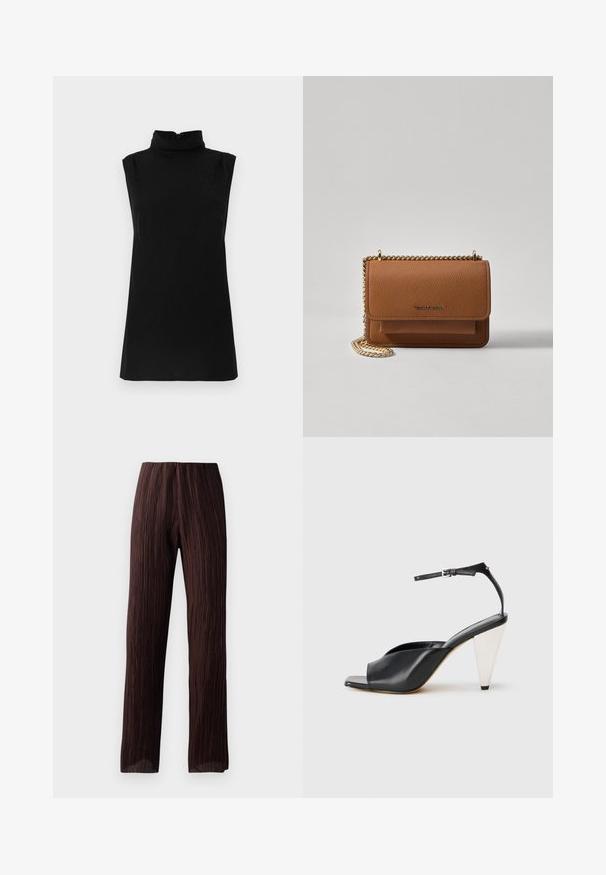 Schwarzes ärmelloses Top mit Stehkragen und feinem Texturmuster, aus weichem Stoff gefertigt, mit Reißverschluss auf der Rückseite.; Braune weite Hosen mit plissierter Textur, hoch tailliertem Bund und fließendem Design. Hergestellt aus leichtem Stoff. Keine sichtbaren Verschlüsse.; Schwarze Leder-Hochzehen-Sandale mit offener Zehe, asymmetrischem Design, Knöchelriemen und metallic kegelförmigem Absatz. Glatte Textur über das gesamte Produkt.; Braune strukturierte Ledertasche mit goldener Kettenriemen und Klappenverschluss. Die Vorderseite zeigt ein Logo-Detail und eine Tasche unter der Klappe.