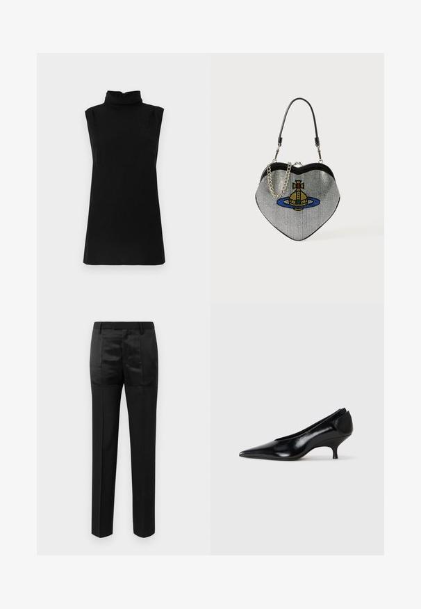 Black sleeveless top featuring a mock neck and a subtle textured pattern, made from soft fabric with a back zipper closure.; Black tailored trousers with straight legs and a waistband with belt loops, featuring a mix of matte and shiny fabric panels.; Black leather pump with a pointed toe, low heel, sleek design, and smooth texture. Features a slip-on style with no visible hardware.; Heart-shaped handbag made of mesh with a metallic finish, featuring a cat and planet design in blue, yellow, and red. Includes a chain strap.