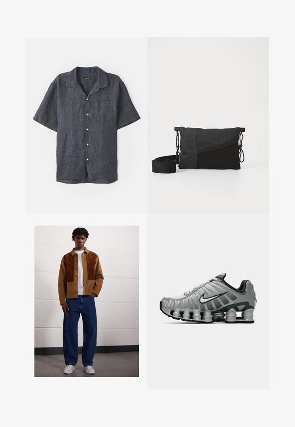 Koszula z krótkim rękawem z węgorzowego lnu, z luźnym kołnierzem, przednią kieszenią i białymi guzikami. Gładka tekstura z subtelnymi wariacjami tkaniny.; Biały bawełniany top na ramiączkach z okrągłym dekoltem, szerokimi ramiączkami i prostym dołem, charakteryzujący się gładką teksturą i brakiem widocznych wzorów.; Mężczyzna stojący w pomieszczeniu, ubrany w brązową kurtkę z sztruksu z rdzawej kolorze, białą koszulkę, luźne niebieskie dżinsy oraz białe trampki.; Szare i czarne buty biegowe Nike z widocznym, sprężystym tłumieniem pod podeszwą oraz białym logo swoosh po boku.; Czarna torba na ramię wykonana z teksturowanej tkaniny, z ukośnym wzorem, regulowanym paskiem i ściągaczami po bokach.