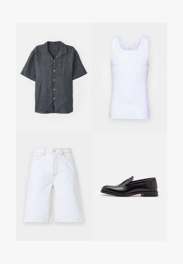 Kurzärmliges, schiefergraues Leinenhemd mit entspannter Kragenform, Brusttasche und weißen Knöpfen. Angenehme Textur mit subtilen Stoffvariationen.; Weißes Baumwoll-Top ohne Ärmel mit rundem Ausschnitt, ausgestattet mit einer glatten Textur und einer figurbetonten Form, ideal für die Freizeit.; Weiße Denim-Shorts mit geradem Schnitt, fünf Taschen und kontrastierenden hellbraunen Nähten. Beinhaltet einen vorderen Knopf- und Reißverschluss.; Schwarze Lederloafers mit glatter Textur, rundem Zehenbereich und einem dekorativen Riemen über dem Vorderfuß. Niedriger, gestapelter Absatz, minimalistisches Design.