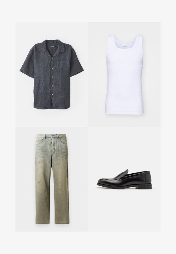Korte mouwen, antraciet linnen overhemd met een relaxte kraag, een borstzak en witte knopen. Gladde textuur met subtiele variaties in de stof.; Witte katoenen mouwloze tanktop met een ronde halslijn, met een gladde textuur en een aansluitende pasvorm, ontworpen voor casual gebruik.; Verweerde denim jeans in lichtgroen, met een rechte pijp, vijf-pocket ontwerp en ongelijkmatige vervaging met verfspatten.; Zwarte leren instappers met een gladde textuur, ronde neus en een decoratieve band over de wreef. Lage, gestapelde hak en minimalistisch ontwerp.