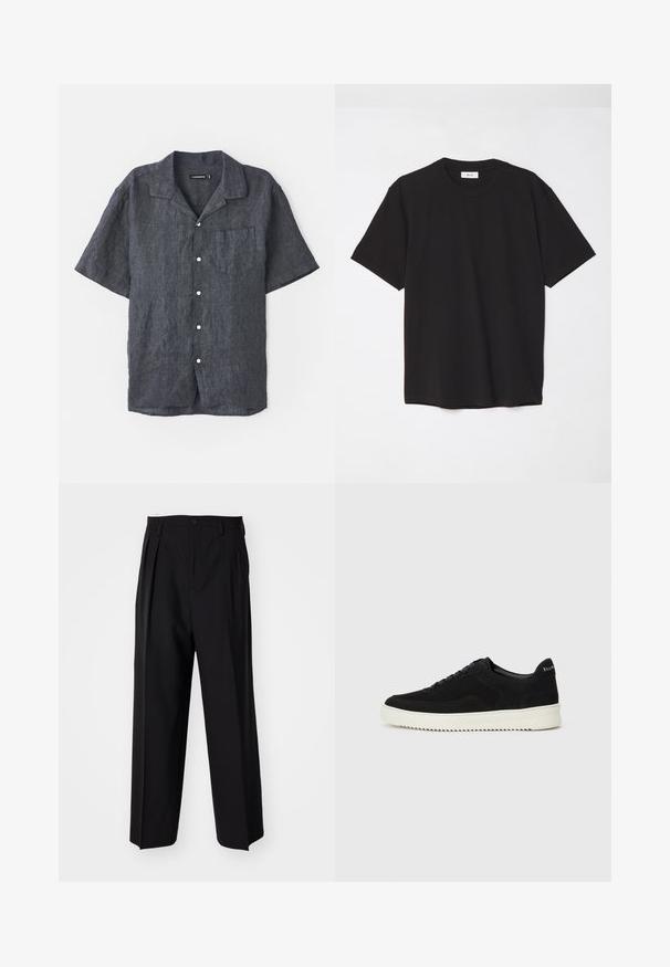Krátky rukáv, antracitová ľanová košeľa s uvoľneným golierom, prednou vreckom a bielymi gombíkmi. Hladká textúra s jemnými variáciami látky.; Čierne bavlnené tričko s okrúhlym výstrihom, krátkymi rukávmi a voľným strihom. Jednoduchý dizajn, hladká textúra a žiadne viditeľné vzory ani logá.; Čierne skladané nohavice s rovnom, širokým strihom. Vyrobené z hladkého materiálu, s gombíkovým zapínaním a pútkami na opasok.; Čierne semišové tenisky s šnurovacím dizajnom a kontrastnou bielou gumovou podrážkou. Obsahujú štruktúrované bočné panely a jemné logo na päte.