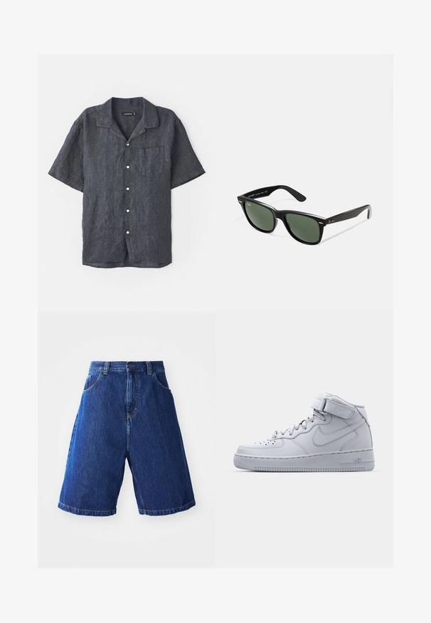 Korte mouwen, antraciet linnen overhemd met een relaxte kraag, een borstzak en witte knopen. Gladde textuur met subtiele variaties in de stof.; Denim shorts met een blauwe wassing, met een hoge taille, twee zakken aan de voorkant en gele stiksels langs de naden.; Grijze Nike Air Force 1 sneakers met hoge bovenkant, leren bovenwerk, gewatteerde kraag en een klittenbandsluiting. Iconisch ontwerp met geperforeerde toe box.; Zwarte plastic zonnebril met groene lenzen, vierkante montuur, zilveren accent op de wenkbrauw en een gestructureerde tempel. Merken vermeld op de binnenkant van de arm.