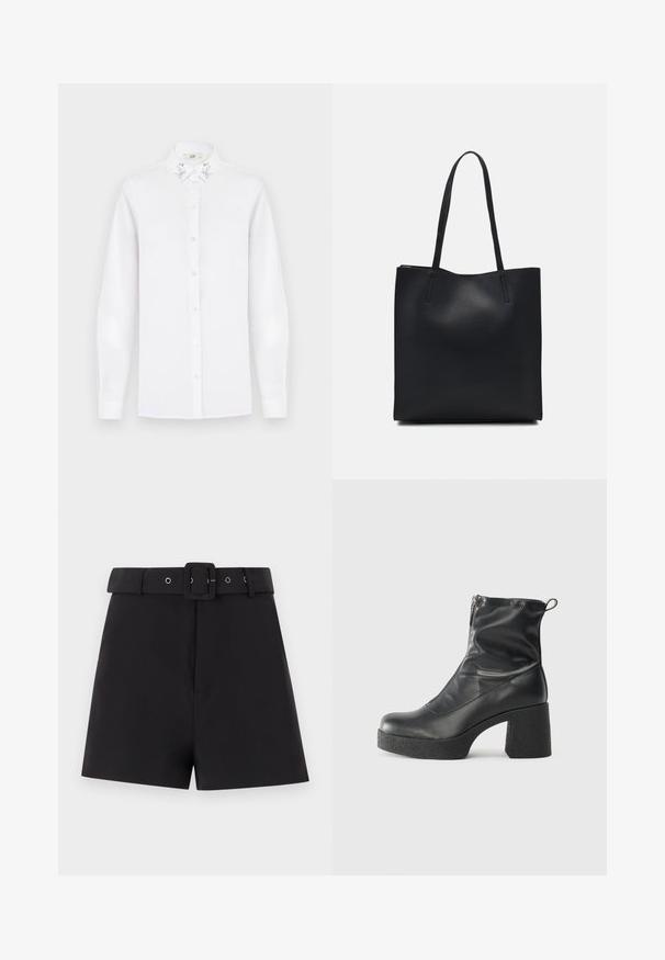 White long-sleeve button-up shirt with pointed collar featuring silver sequin embellishments on each side.; Black shorts made of smooth fabric featuring a wide waistband with belt loops and a square buckle closure, designed with a tailored fit.; Black ankle boots made of smooth leather, featuring a side zipper, chunky textured heel, and rounded toe design.; Black leather tote bag with smooth texture, rectangular shape, and two long handles. No visible hardware or embellishments.