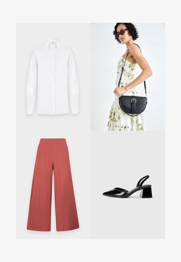 Baltās garajā piedurknē pogājamas krekls ar norādītu apkakli, kurai katrā pusē ir sudraba sekvīnu rotājumi.; Plaša gada bikses rūsas krāsā, izgatavotas no teksturēta auduma ar vertikālām ribām. Tās ir ar augstu, elastīgu jostasvietu.; Melna lakota āda ar atvērto papēdi, ar smailu purngalu un ģeometrisku blokpapēdi. Iezīmējas elegants, minimāls dizains un gluda tekstūra.; Melnas ādas rokassoma ar izliekta formu, noņemamu siksnu un zelta aksesuāriem. Somai ir vāciņš ar sprādzes detaļu.