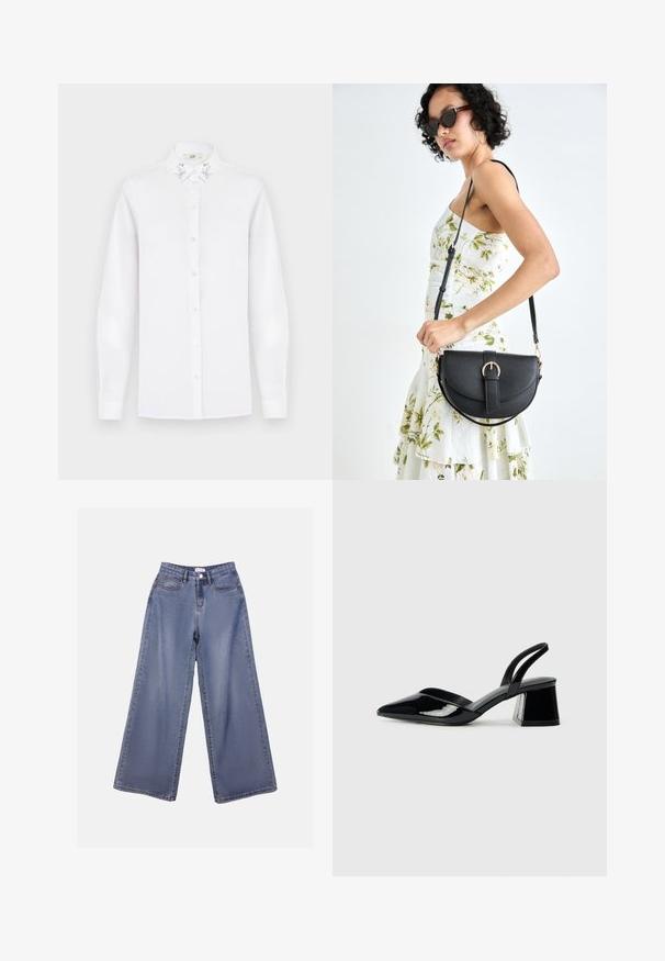 Balta ilgomis rankovėmis marškiniai su aštriu apykakle, kuriuose iš abiejų pusių yra sidabriniai blizgučiai.; Plati kojinės džinsai šviesiai mėlynu wash'u, turintys aukštą liemenį, priekiniais kišenėmis ir mygtukų užsegimu su diržo kilpomis.; Juodos lakuotos odinės šlepetės su smailiu pirštu ir geometriniu bloko kulnu. Turi elegantišką, minimalistinį dizainą ir lygų paviršių.; Juodas odinis krepšys su išlenkta forma, nuimamu dirželiu ir auksiniais detalėmis. Krepšys turi kilpą su sagtimi.