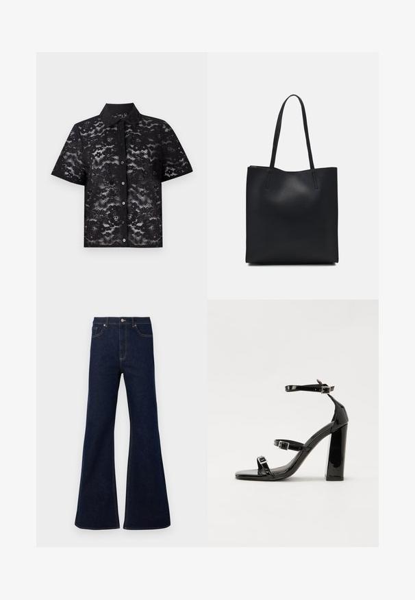 Μαύρο κοντομάνικο πουκάμισο από δαντέλα με floral σχέδια, κλείσιμο με κουμπί και μυτερό γιακά. Ημιδιαφανής υφή.; Σκούρες μπλε τζιν παντελόνες με φαρδιά γραμμή, υψηλή μέση, μπροστινές τσέπες και χρυσές ραφές. Λείος υφασμάτινος χαρακτήρας με παραδοσιακή γραμμή.; Μαύρες πατέντες σανδάλια με τακούνι, τετράγωνη μύτη, ιμάντες αστραγάλου και ασημένιες πόρπες. Διαθέτουν χοντρό μπλοκ τακούνι για σταθερότητα.; Μαύρη δερμάτινη τσάντα tote με λείο υφή, ορθογώνιο σχήμα και δύο μακριές λαβές. Χωρίς ορατό υλικό ή διακοσμητικά στοιχεία.