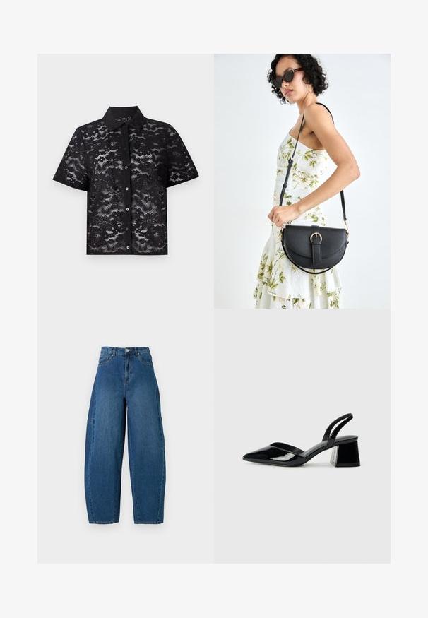 Black short-sleeve shirt made of lace fabric with floral patterns, button closure, and a pointed collar. Semi-transparent texture.; Denim jeans in a medium blue wash, featuring a high waist, wide leg cut, and standard five-pocket design with visible stitching details.; Black patent leather slingback heels with a pointed toe and a geometric block heel. Features a sleek, minimal design and smooth texture.; Black leather handbag with a curved shape, detachable strap, and gold hardware. The bag features a flap with a buckle detail.