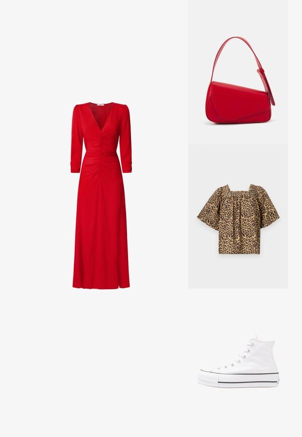 Tielko s leopardím vzorom so štvorcovým výstrihom, krátkymi širokými rukávmi a zhromaždenými detailmi. Vyrobené z ľahkej látky v hnedých a pieskových farbách.; Červené šaty s výstrihom do V, trojštvrťovými rukávmi a nariasením v oblasti pása a na chrbte. Materiál vyzerá hladko a ľahko.; Biele vysoké plátené tenisky s čiernou gumovou podošvou, prednou gumovou špičkou a šiestimi okami na šnúrky, s čistým, minimalistickým dizajnom.; Červená kožená kabelka s ostrým, geometrickým dizajnom. Má jeden nastaviteľný popruh a uzatváranie na klopu so šitím.