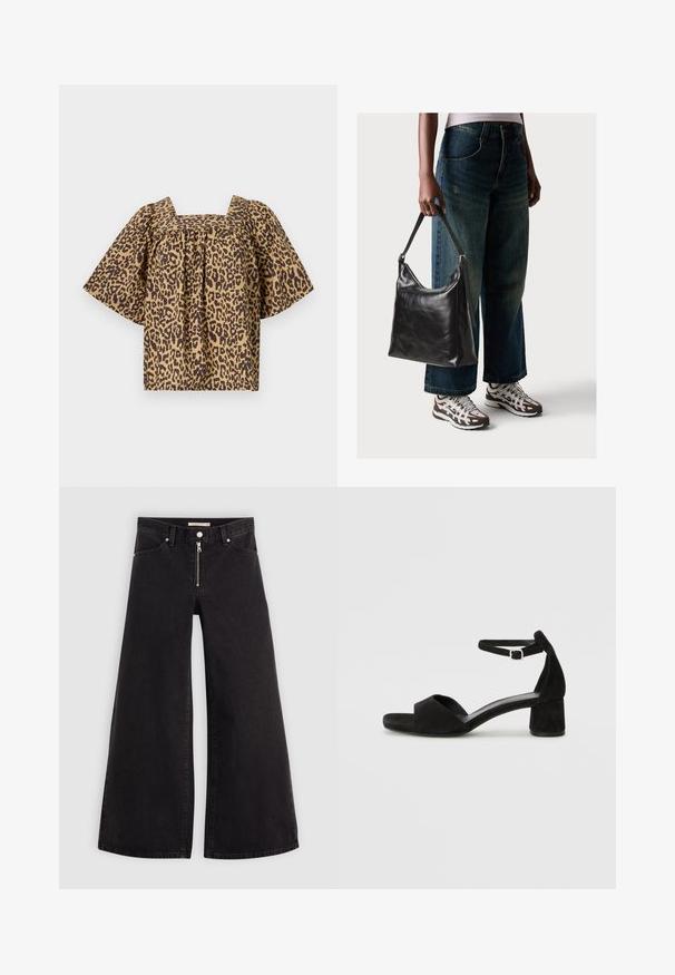 Leopardų rašto viršus su kvadratine iškirpte, trumpomis plačiomis rankovėmis ir raukšlių detalėmis. Pagamintas iš lengvos medžiagos rudos ir tan spalvų.; Plačios kojų džinsai iš juodo džinsinio audinio su užtrauktuku priekyje, penkių kišenių dizainu ir subtiliais siuvinėjimo akcentais. Lygus paviršius ir laisvalaikio stilius.; Juodos aksominės basutės su plona kulkšnies juosta, atvira pirštų dalimi ir nedideliu blokuotų kulniukų. Lygus paviršius ir minimalūs akcentai.; Juodas odinis peties krepšys su lygiu paviršiumi ir reguliuojama dirželiu, derinamas su nublukusiais plačiapurčiais džinsais ir sportiniais batais.